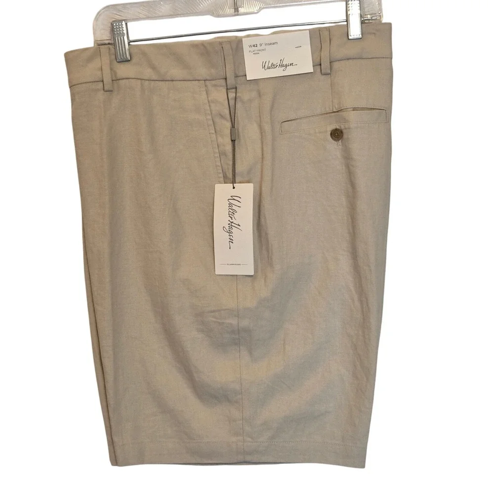Walter Hagen Mens 42 Khaki Linen Flat Front 9 Inch Inseam Clubhouse Shorts NWT